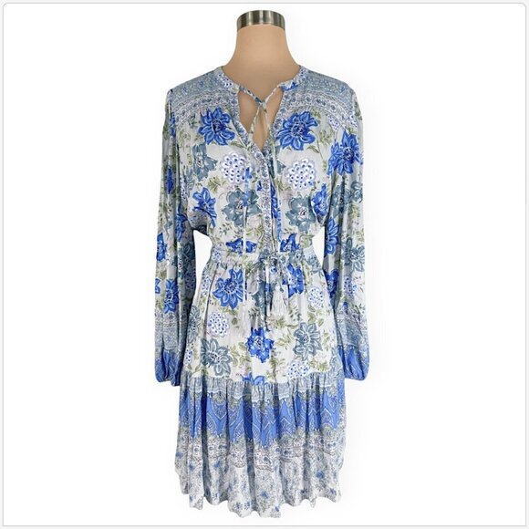 Lucky Brand Blue Floral Pattern Elastic Waist Long Sleeve Bohemian Dress NWT L - Picture 4 of 7